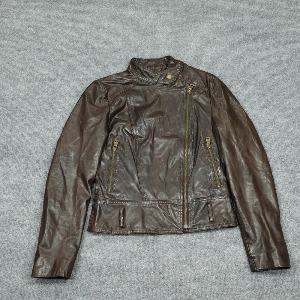 Marc New York Jacket Womens Small Brown Leather Moto Asymmetrical Zip Biker